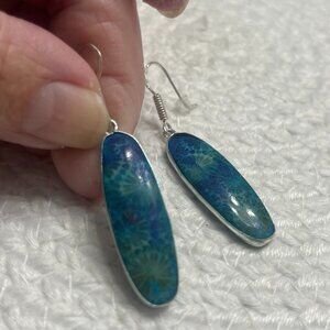 Stunning FOSSIL CORAL Handmade Sterling 925 Dangle Earrings #8E